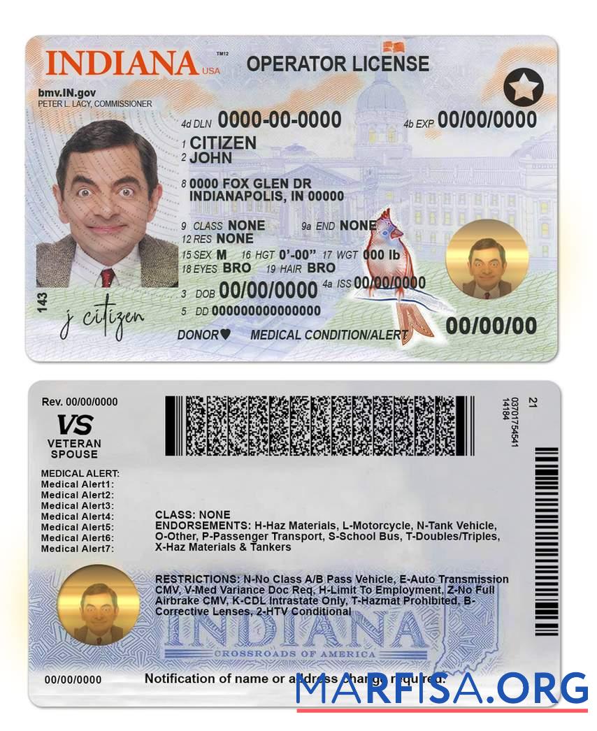 Downloadable USA Indiana driving (operator) license template(2019 – present)